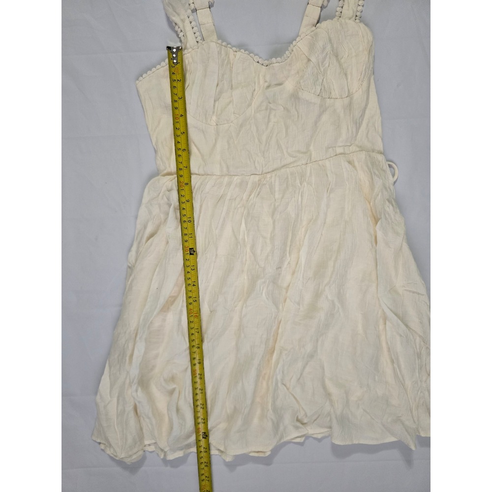 Forever 21 Vanilla Mini Dress Lace Up Back Pom Pom Trim Cream Size L NWT - Picture 9 of 16